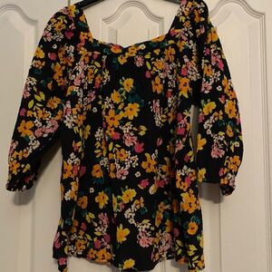Chaps Black Floral Blouse with Yellow and Pink Accents